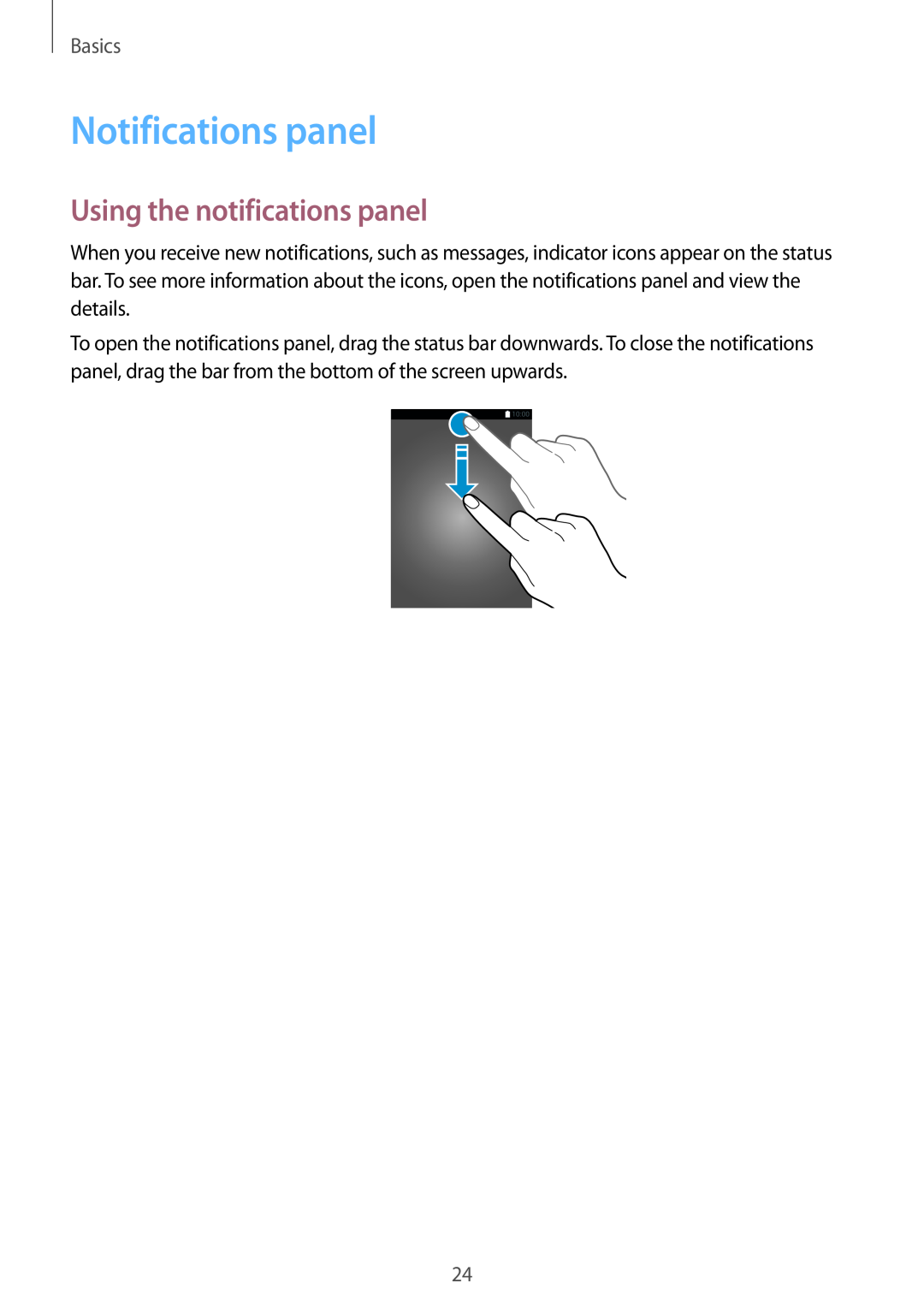 Samsung SM-P550NZAAXFA, SM-P550NZKALUX, SM-P550NZWACHN manual Notifications panel, Using the notifications panel, Basics 