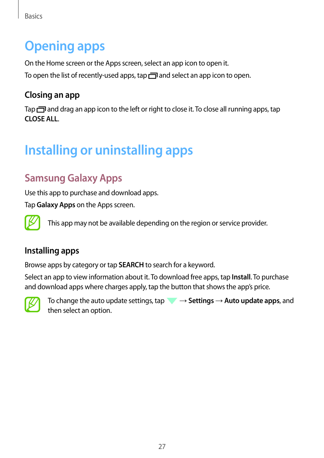Samsung SM-P550NZWAATO Opening apps, Installing or uninstalling apps, Samsung Galaxy Apps, Closing an app, Installing apps 