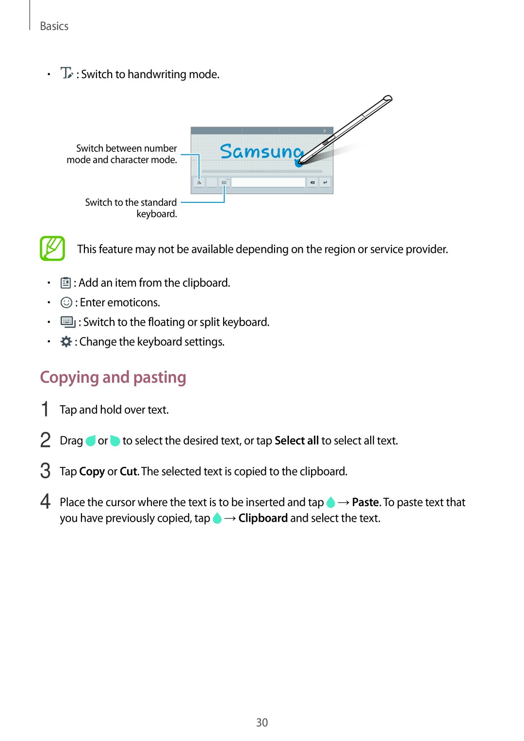 Samsung SM-P550NZWAXEF, SM-P550NZKALUX, SM-P550NZWACHN, SM-P550NZWAXNZ, SM-P550NZWATUR manual Copying and pasting, Basics 
