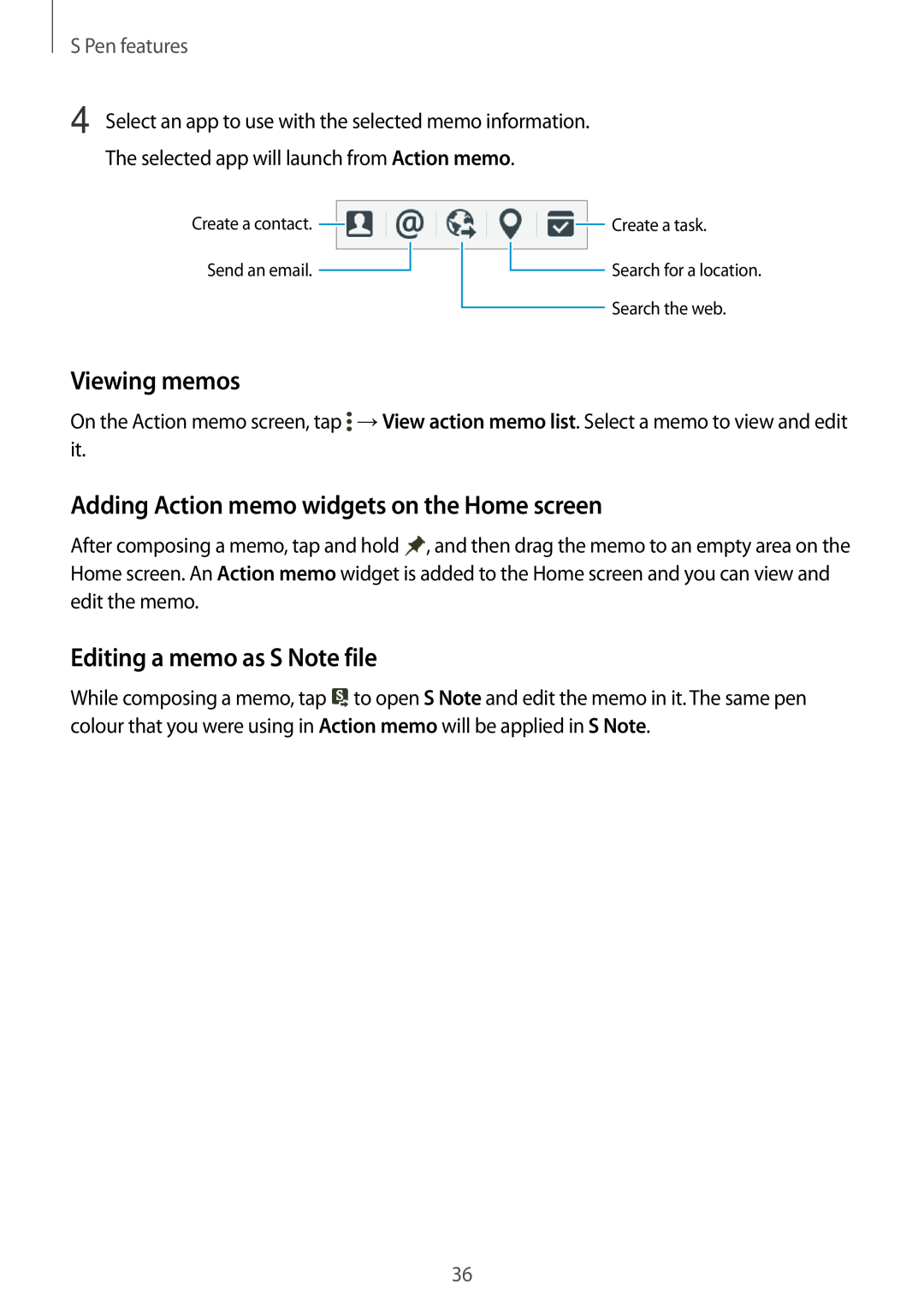Samsung SM-P550NZWAEUR manual Viewing memos, Adding Action memo widgets on the Home screen, Editing a memo as S Note file 