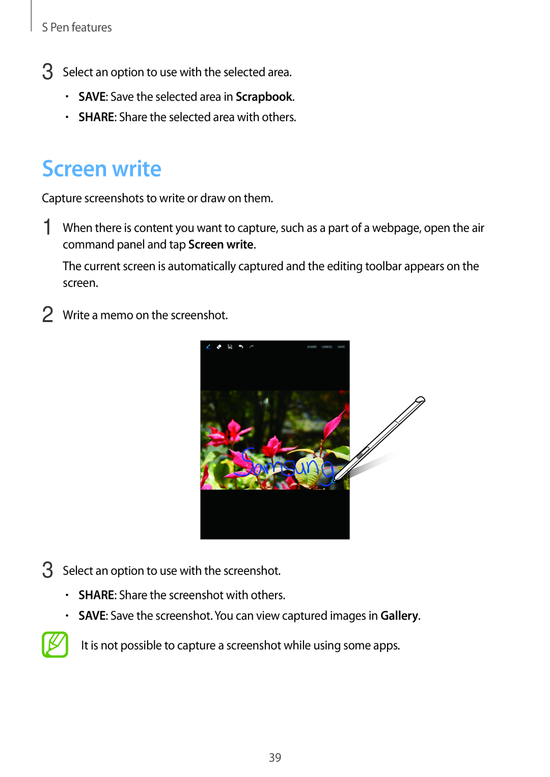 Samsung SM-P550NZWAAUT, SM-P550NZKALUX, SM-P550NZWACHN, SM-P550NZWAXNZ, SM-P550NZWATUR manual Screen write, S Pen features 