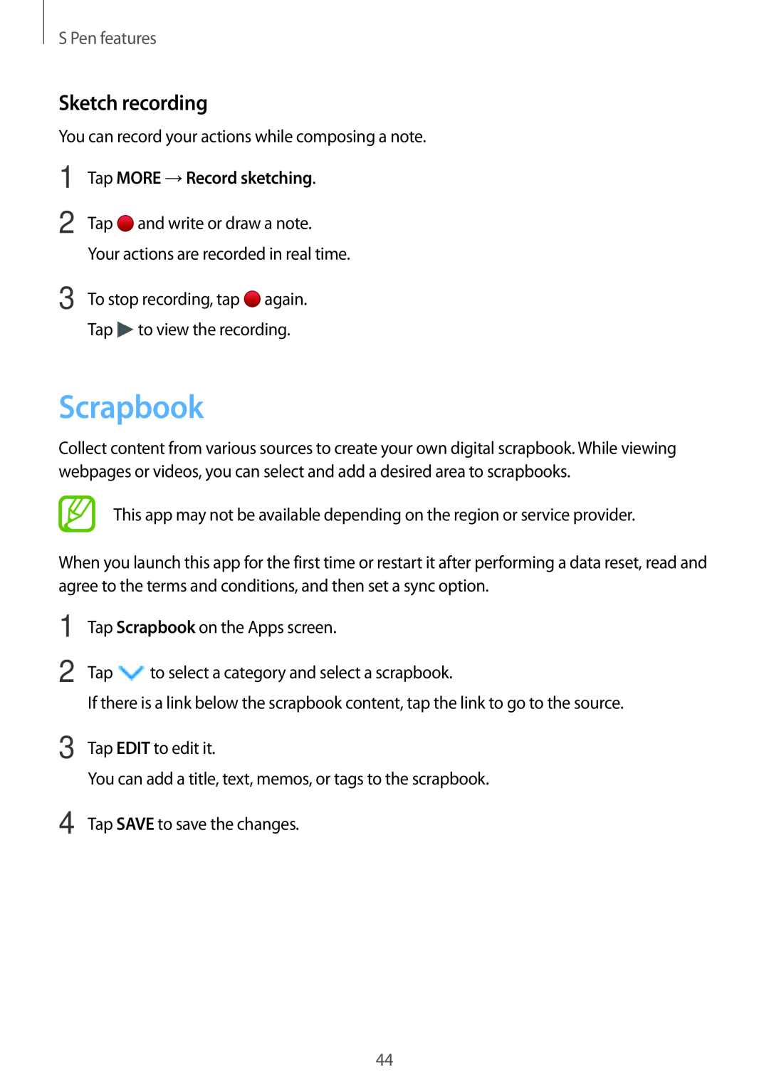 Samsung SM-P550NZWACHN, SM-P550NZKALUX manual Scrapbook, Sketch recording, Tap MORE →Record sketching, S Pen features 