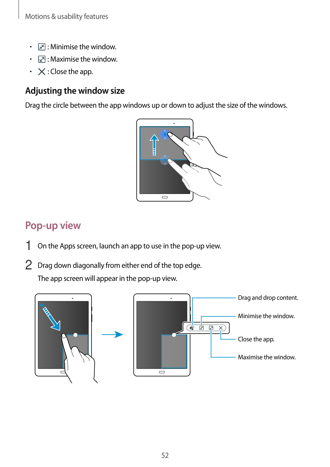 Samsung SM-P550NZKAPHE manual Pop-up view, Adjusting the window size, Motions & usability features, Maximise the window 