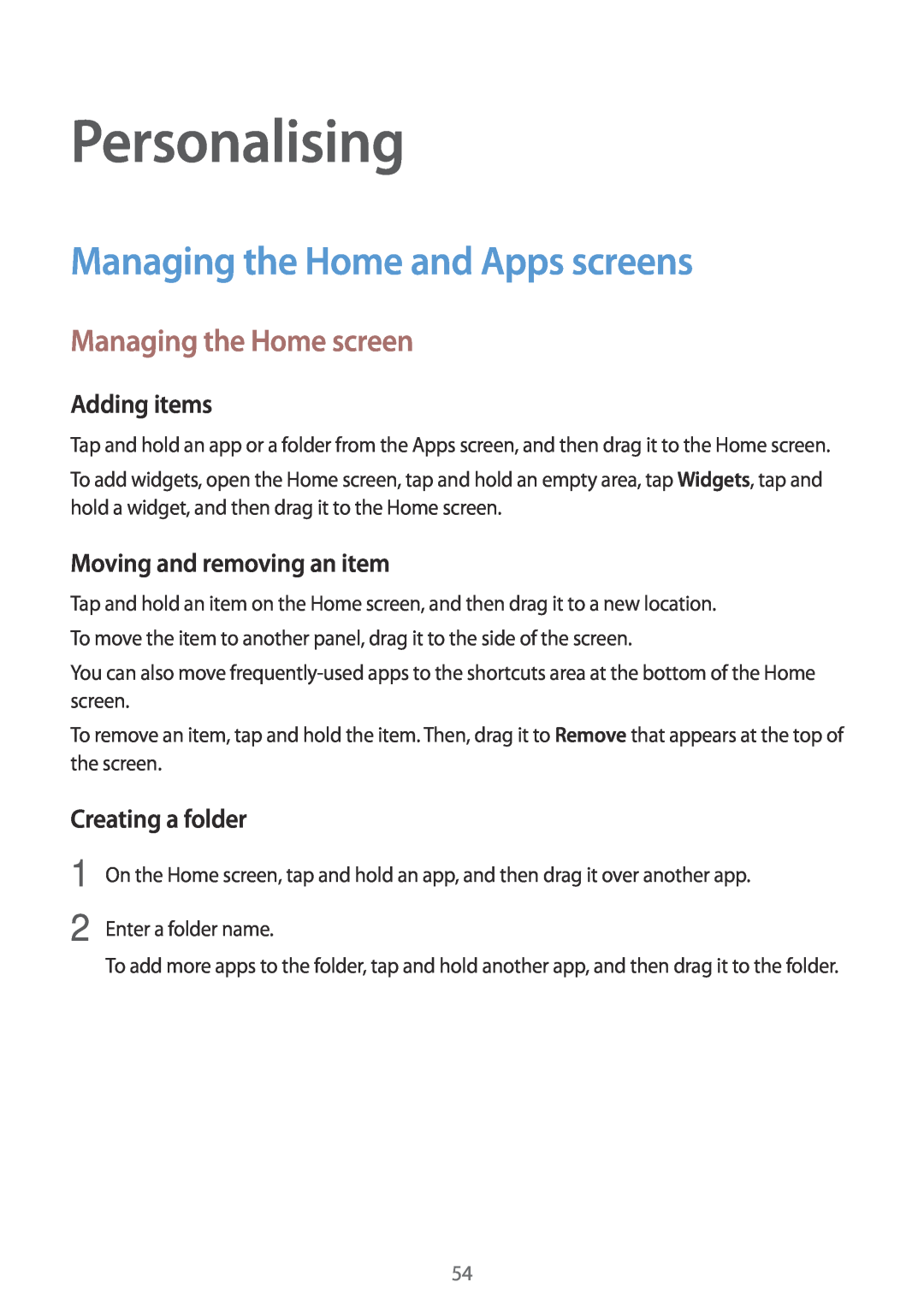 Samsung SM-P550NZAAXSP manual Personalising, Managing the Home and Apps screens, Managing the Home screen, Adding items 