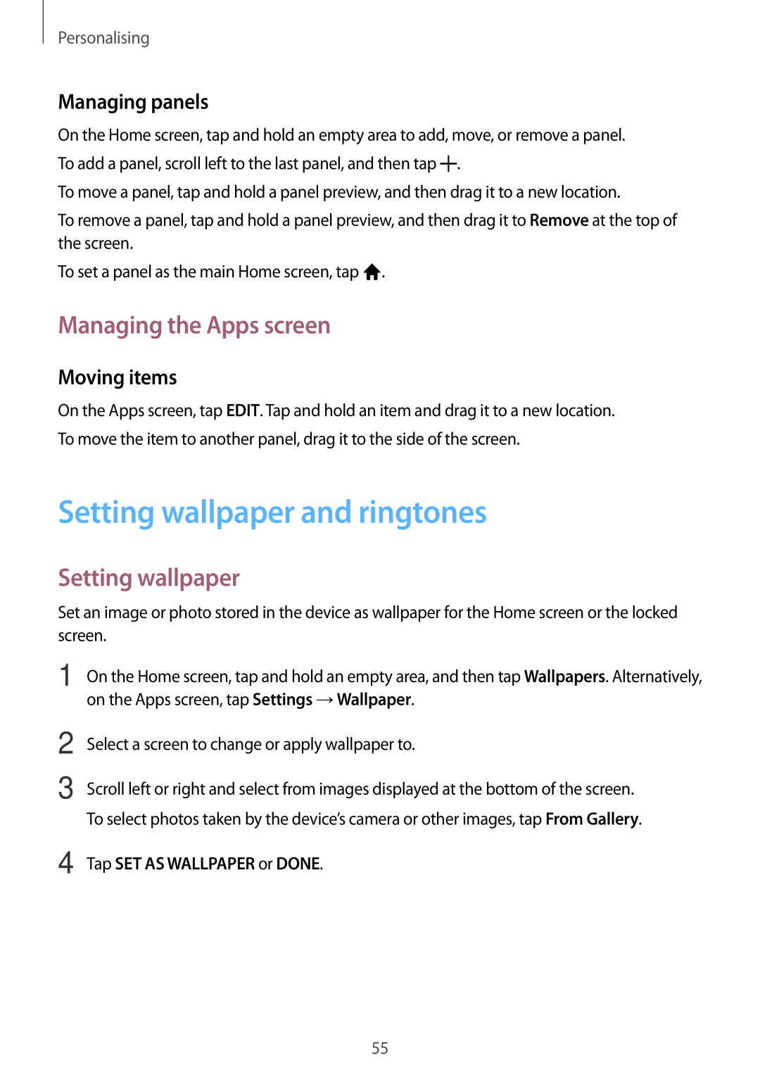 Samsung SM-P550NZAATGY manual Setting wallpaper and ringtones, Managing the Apps screen, Managing panels, Moving items 