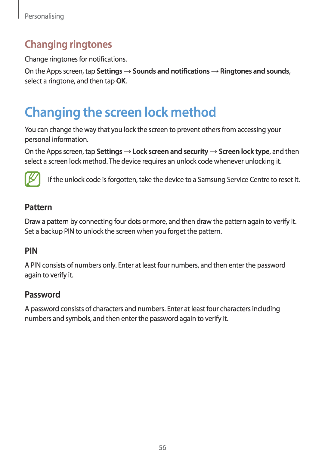 Samsung SM-P550NZAABRI manual Changing the screen lock method, Changing ringtones, Pattern, Password, Personalising 