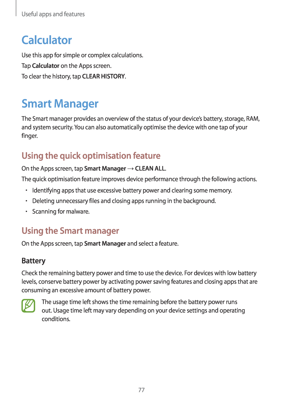 Samsung SM-P550NZBANEE Calculator, Smart Manager, Using the quick optimisation feature, Using the Smart manager, Battery 