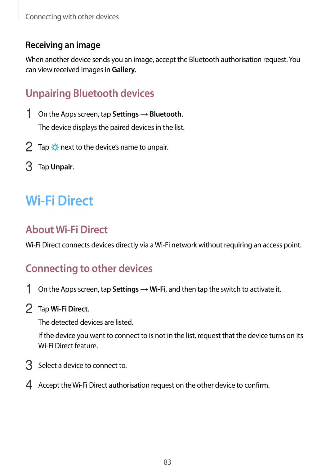 Samsung SM-P550NZAAXEZ manual Unpairing Bluetooth devices, About Wi-Fi Direct, Connecting to other devices, Tap Unpair 