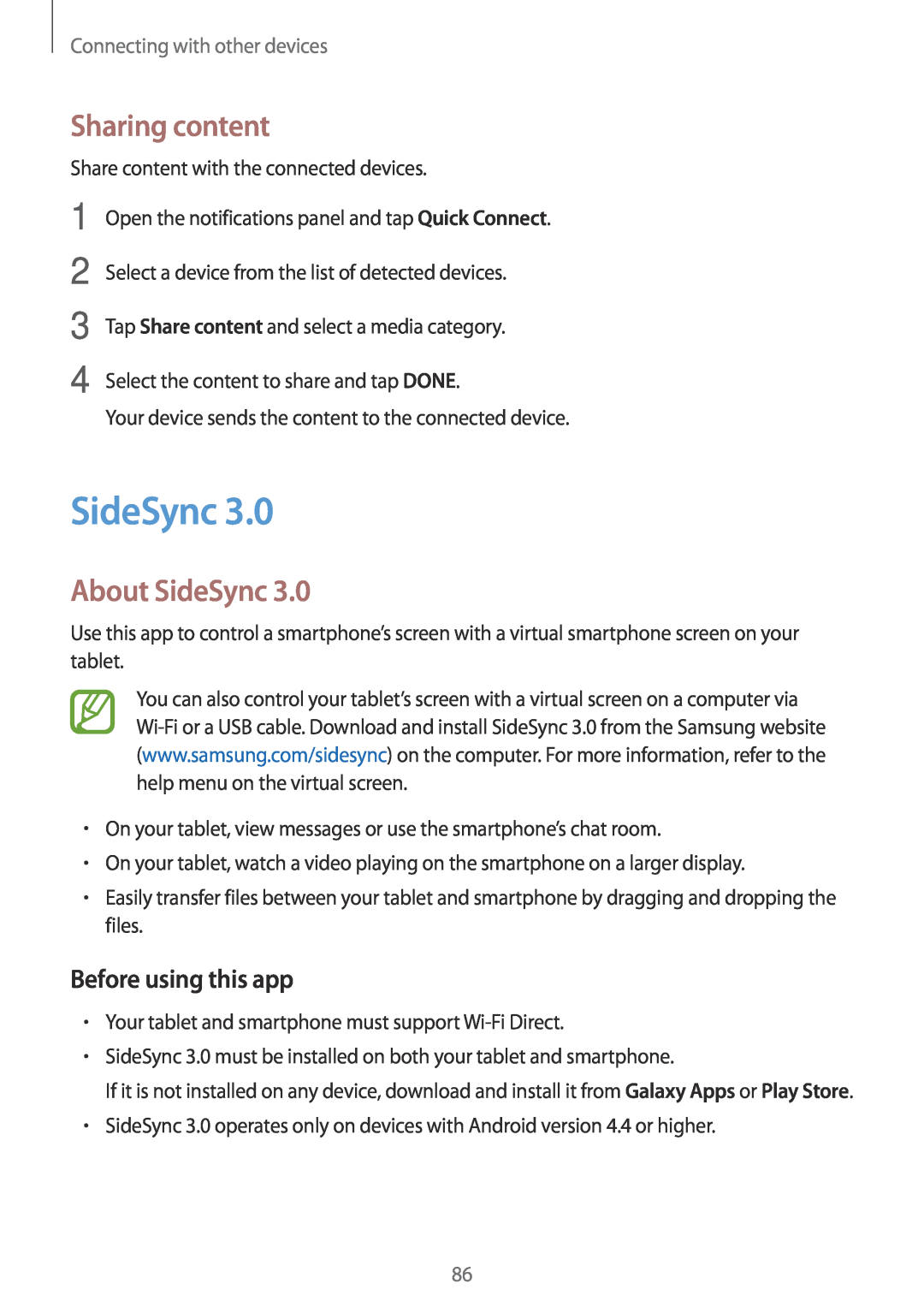 Samsung SM-P550NZKALUX manual Sharing content, About SideSync, Before using this app, Connecting with other devices 