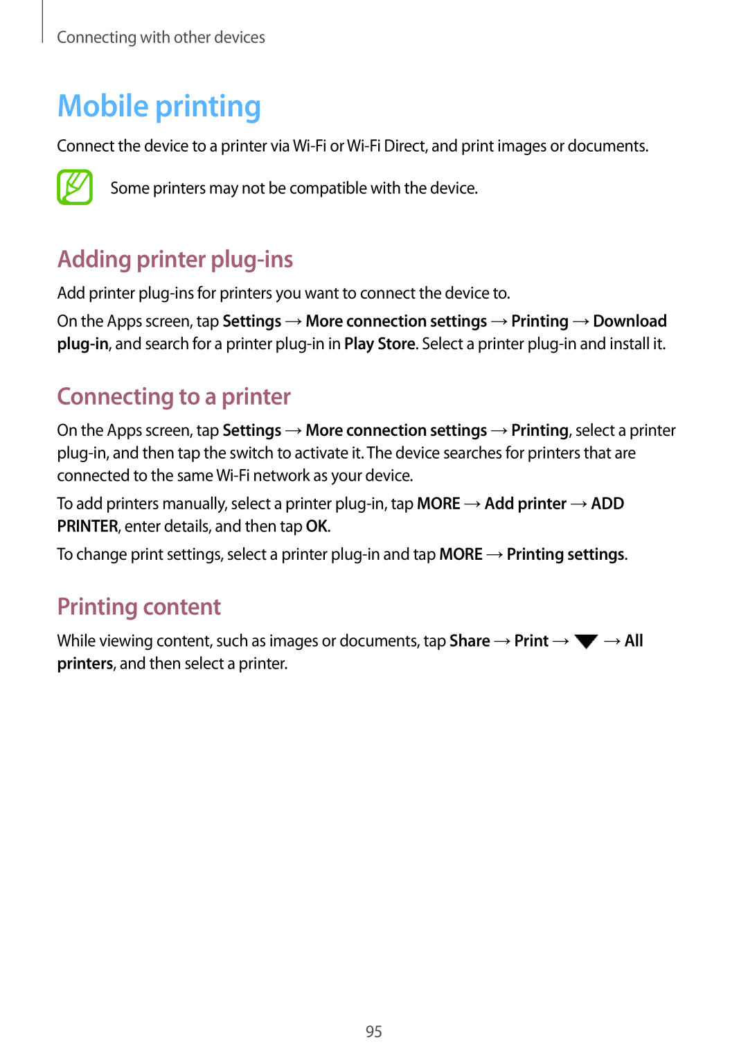 Samsung SM-P550NZKAPHE, SM-P550NZKALUX Mobile printing, Adding printer plug-ins, Connecting to a printer, Printing content 