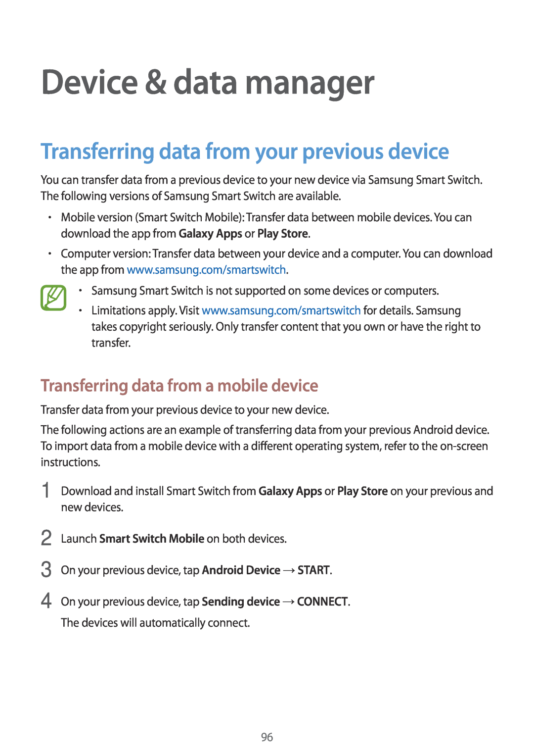 Samsung SM-P550NZKABTU, SM-P550NZKALUX, SM-P550NZWACHN Device & data manager, Transferring data from your previous device 