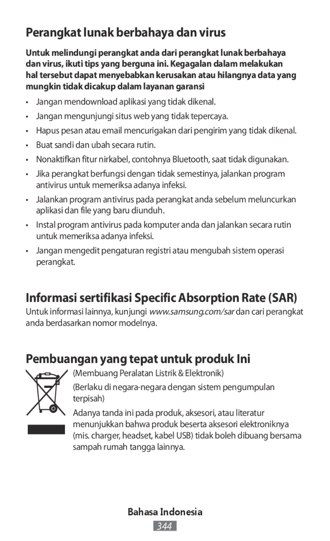 Samsung SM-P550NZWAMXO, SM-P550NZKALUX manual Perangkat lunak berbahaya dan virus, Pembuangan yang tepat untuk produk Ini 