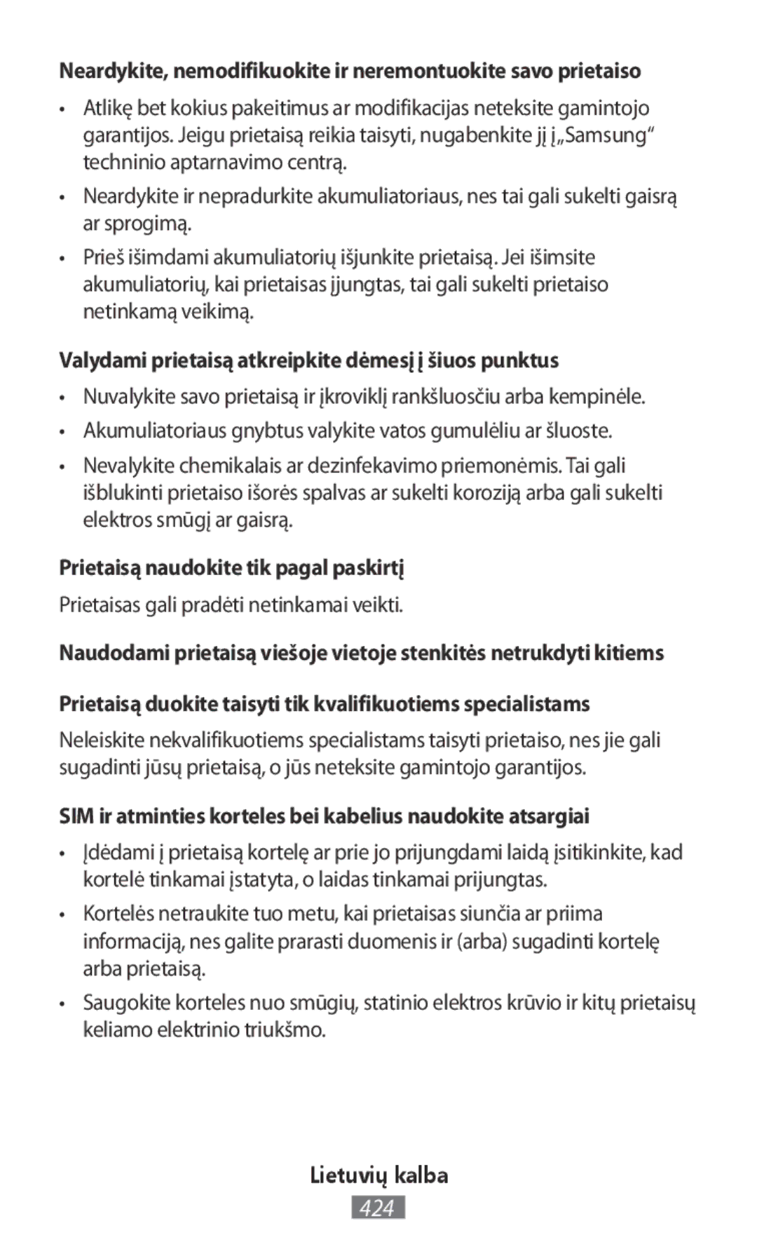 Samsung SM-T555NZKAVDH manual Valydami prietaisą atkreipkite dėmesį į šiuos punktus, Prietaisą naudokite tik pagal paskirtį 