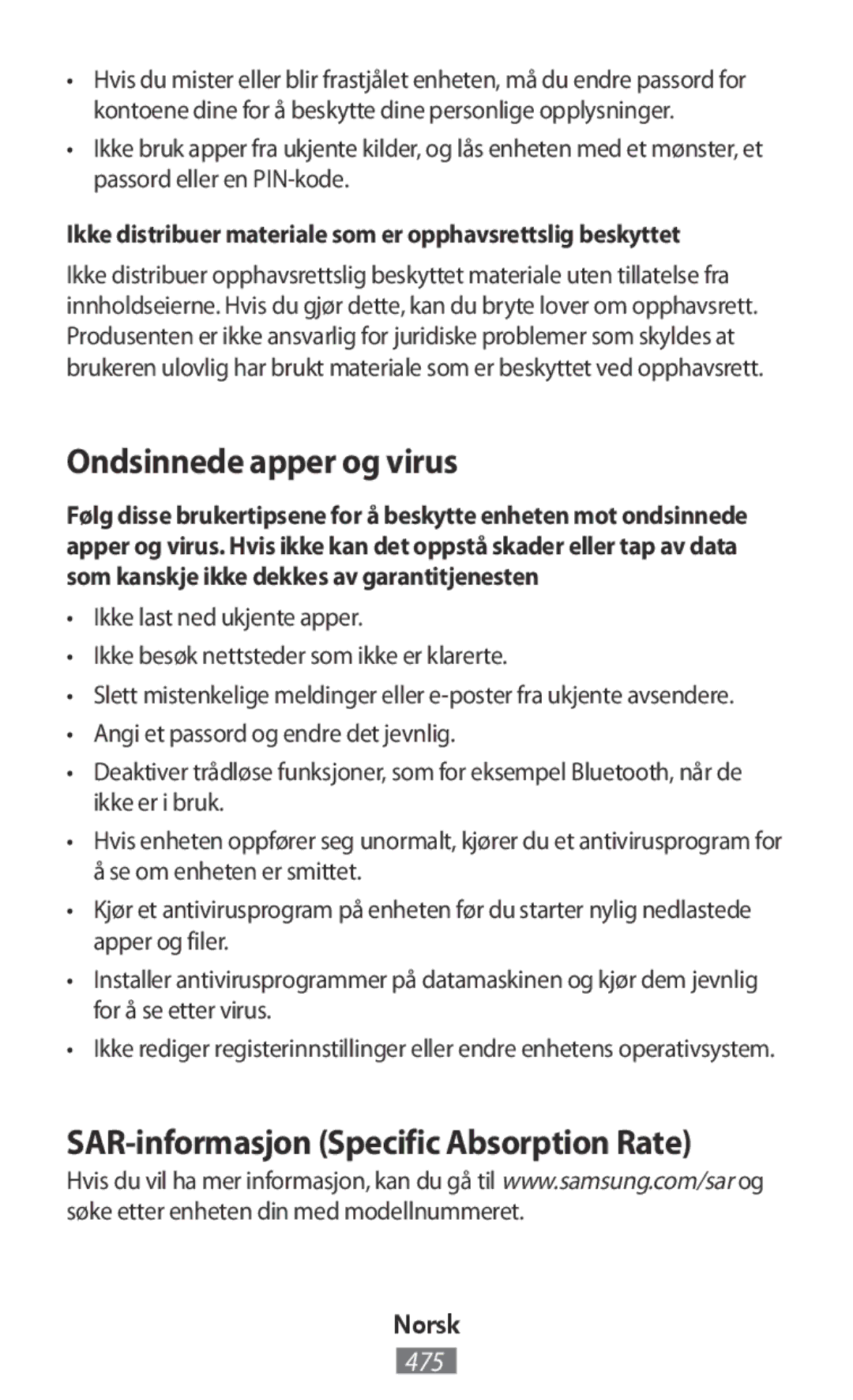 Samsung SM-T555NZKADBT, SM-P550NZKALUX, SM-P550NZWACHN Ondsinnede apper og virus, SAR-informasjon Specific Absorption Rate 