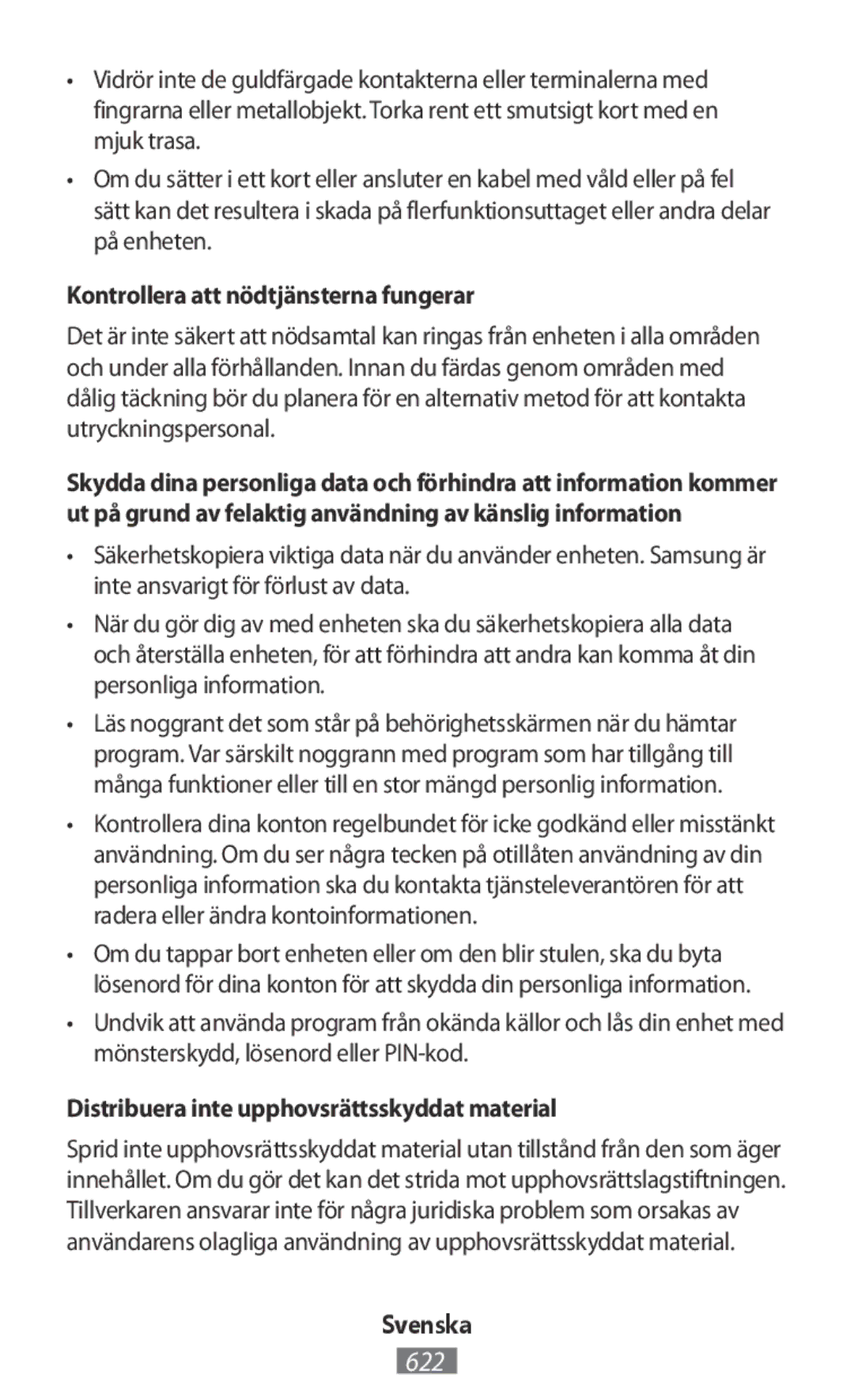 Samsung SM-T555NZWAEUR manual Kontrollera att nödtjänsterna fungerar, Distribuera inte upphovsrättsskyddat material 