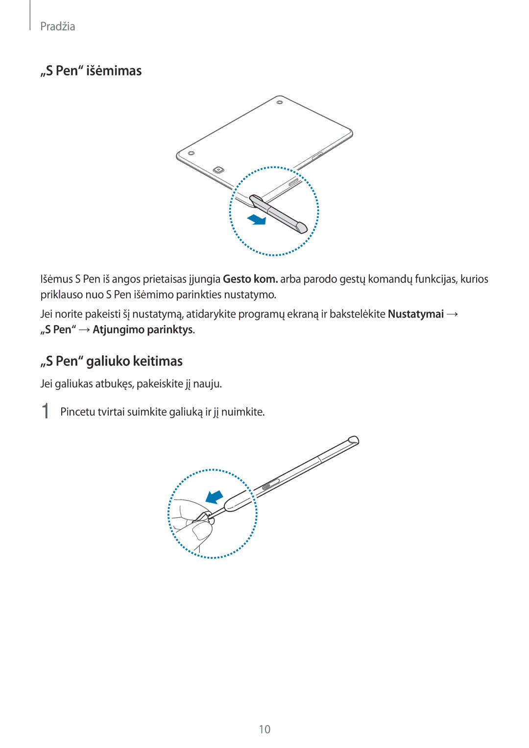 Samsung SM-P550NZKASEB manual „S Pen išėmimas, „S Pen galiuko keitimas 