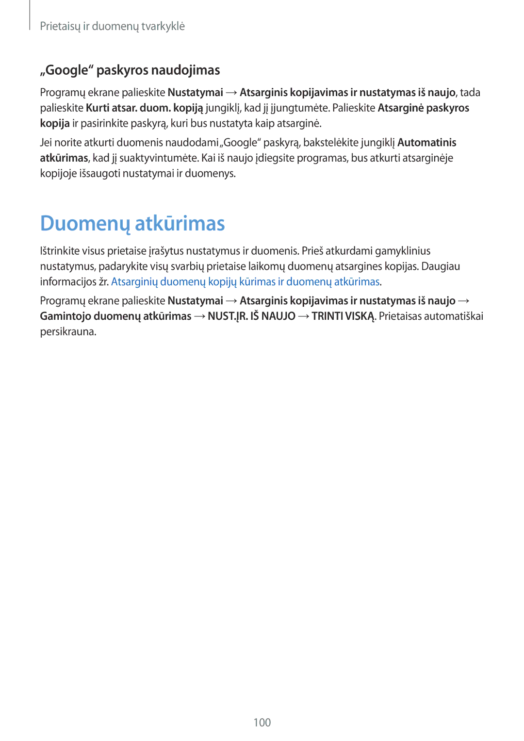 Samsung SM-P550NZKASEB manual Duomenų atkūrimas, „Google paskyros naudojimas, Persikrauna 