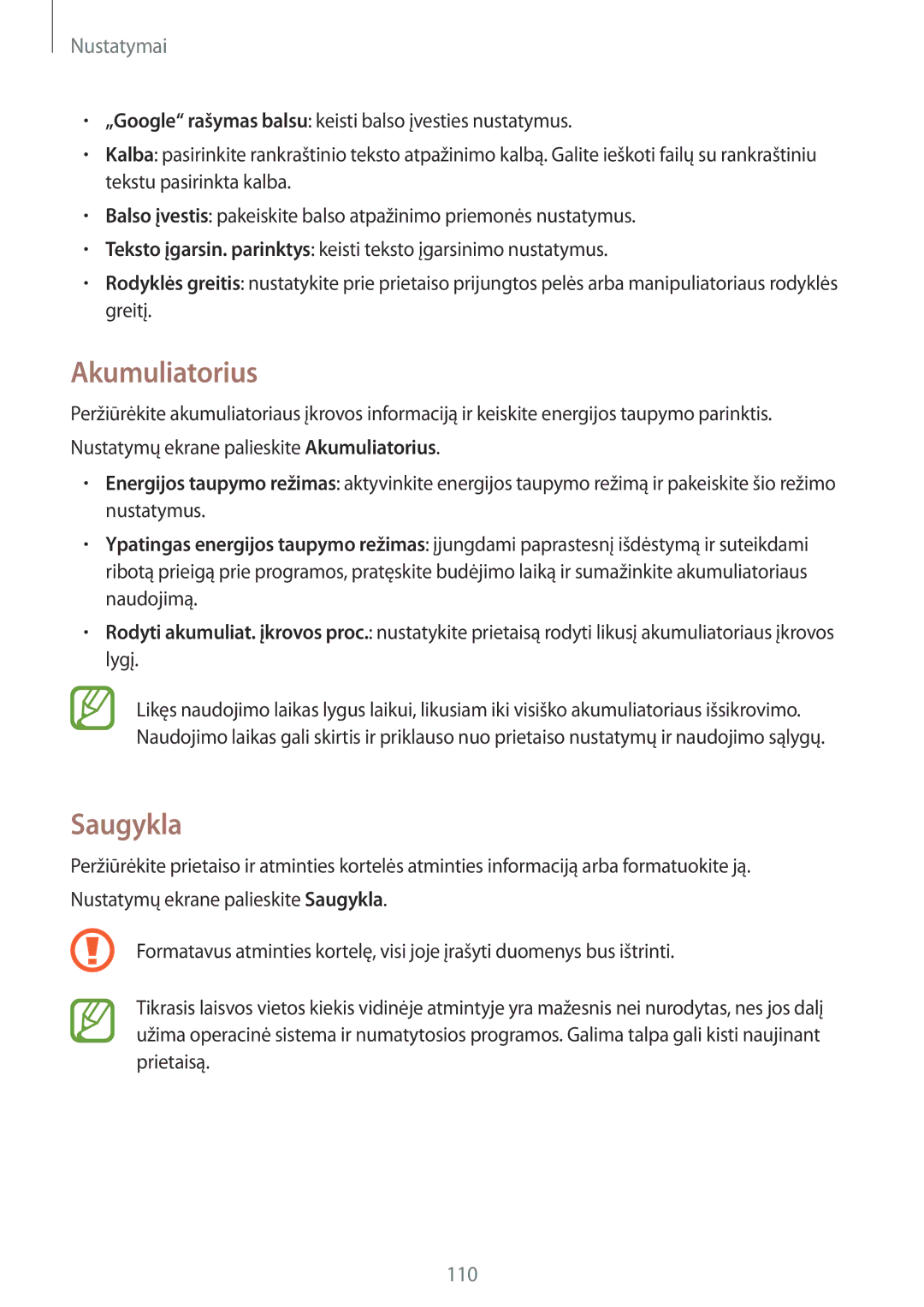 Samsung SM-P550NZKASEB manual Akumuliatorius, Saugykla 