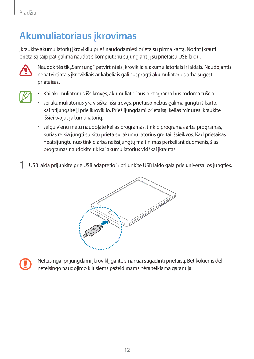 Samsung SM-P550NZKASEB manual Akumuliatoriaus įkrovimas, Išsieikvojusį akumuliatorių 