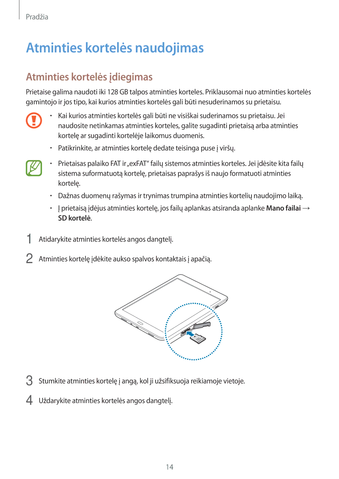 Samsung SM-P550NZKASEB manual Atminties kortelės naudojimas, Atminties kortelės įdiegimas 