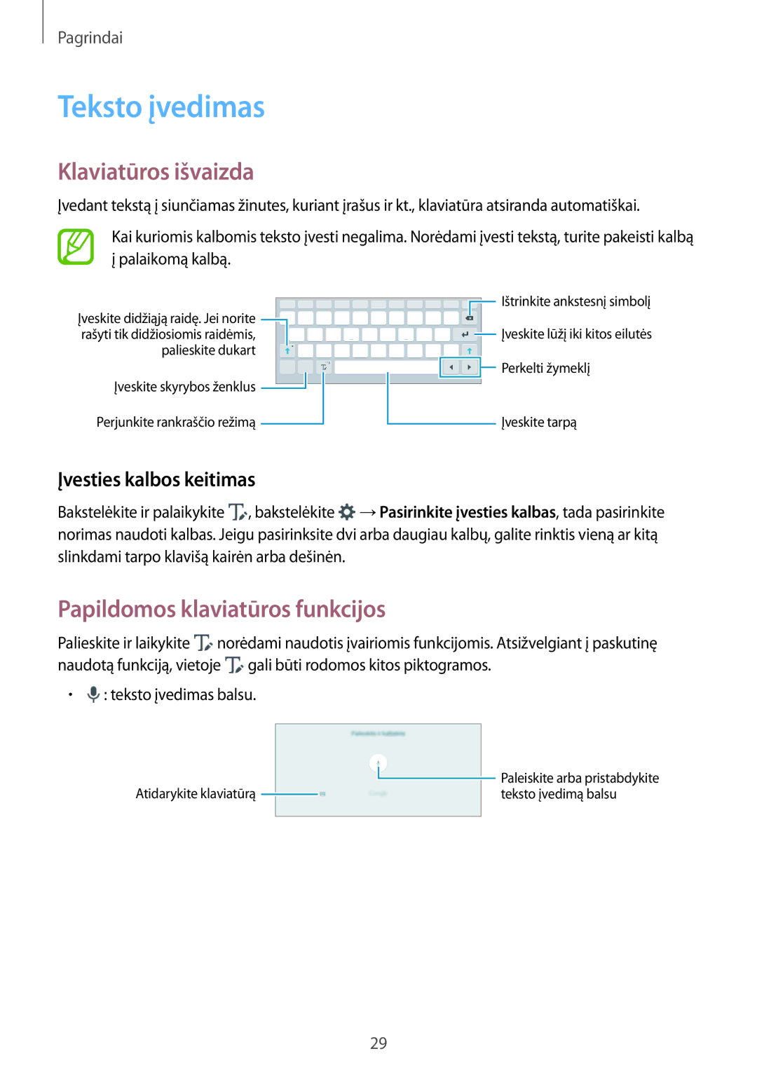 Samsung SM-P550NZKASEB Teksto įvedimas, Klaviatūros išvaizda, Papildomos klaviatūros funkcijos, Įvesties kalbos keitimas 