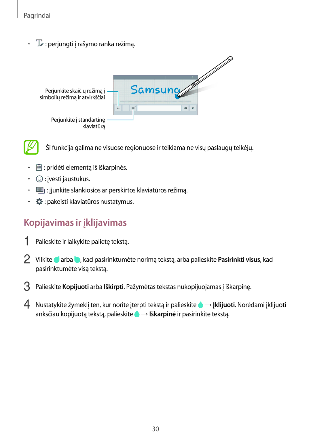 Samsung SM-P550NZKASEB manual Kopijavimas ir įklijavimas, Perjungti į rašymo ranka režimą 