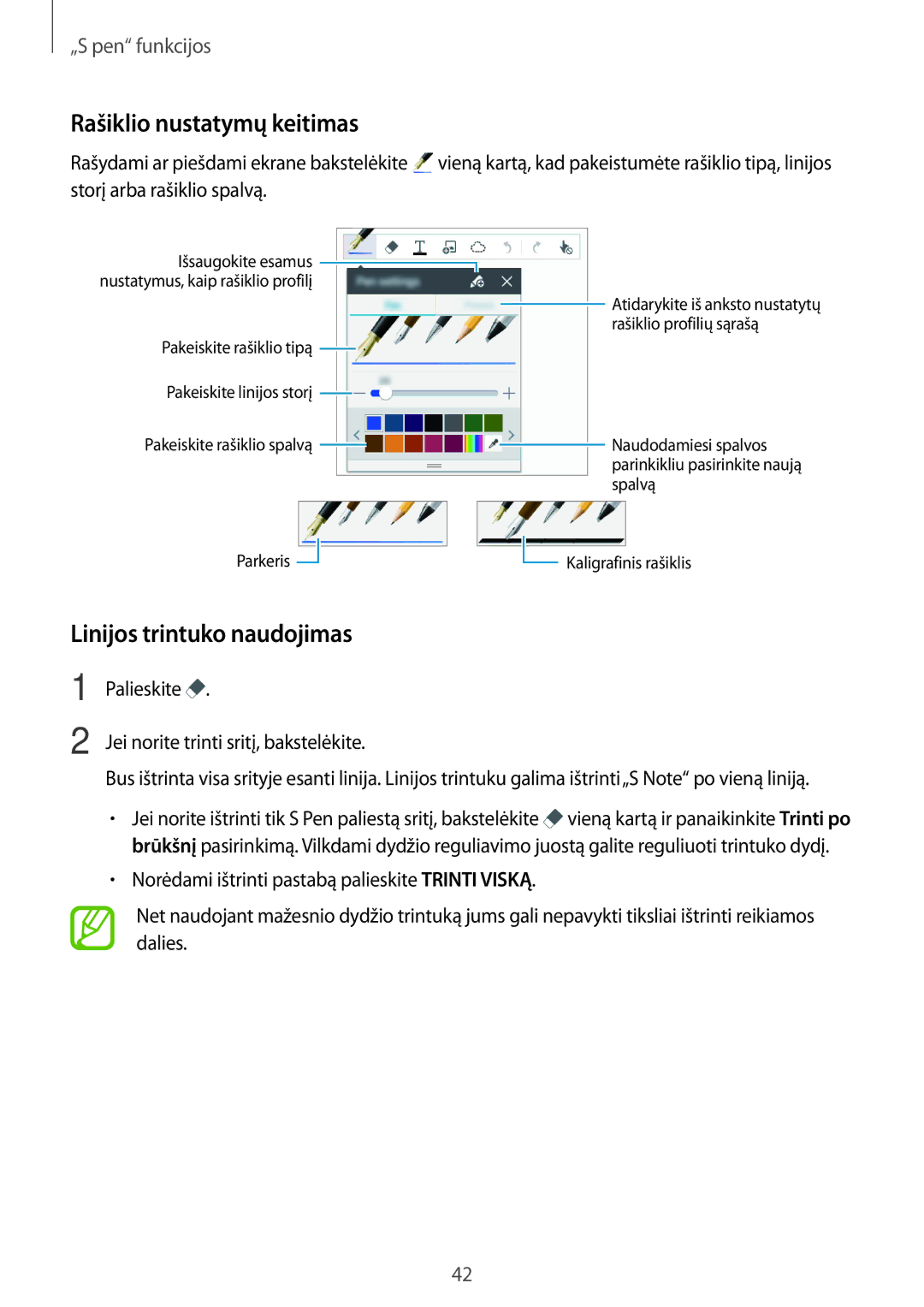 Samsung SM-P550NZKASEB manual Rašiklio nustatymų keitimas, Linijos trintuko naudojimas, Storį arba rašiklio spalvą 