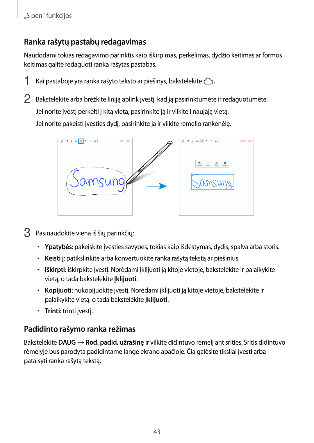 Samsung SM-P550NZKASEB manual Ranka rašytų pastabų redagavimas, Padidinto rašymo ranka režimas 