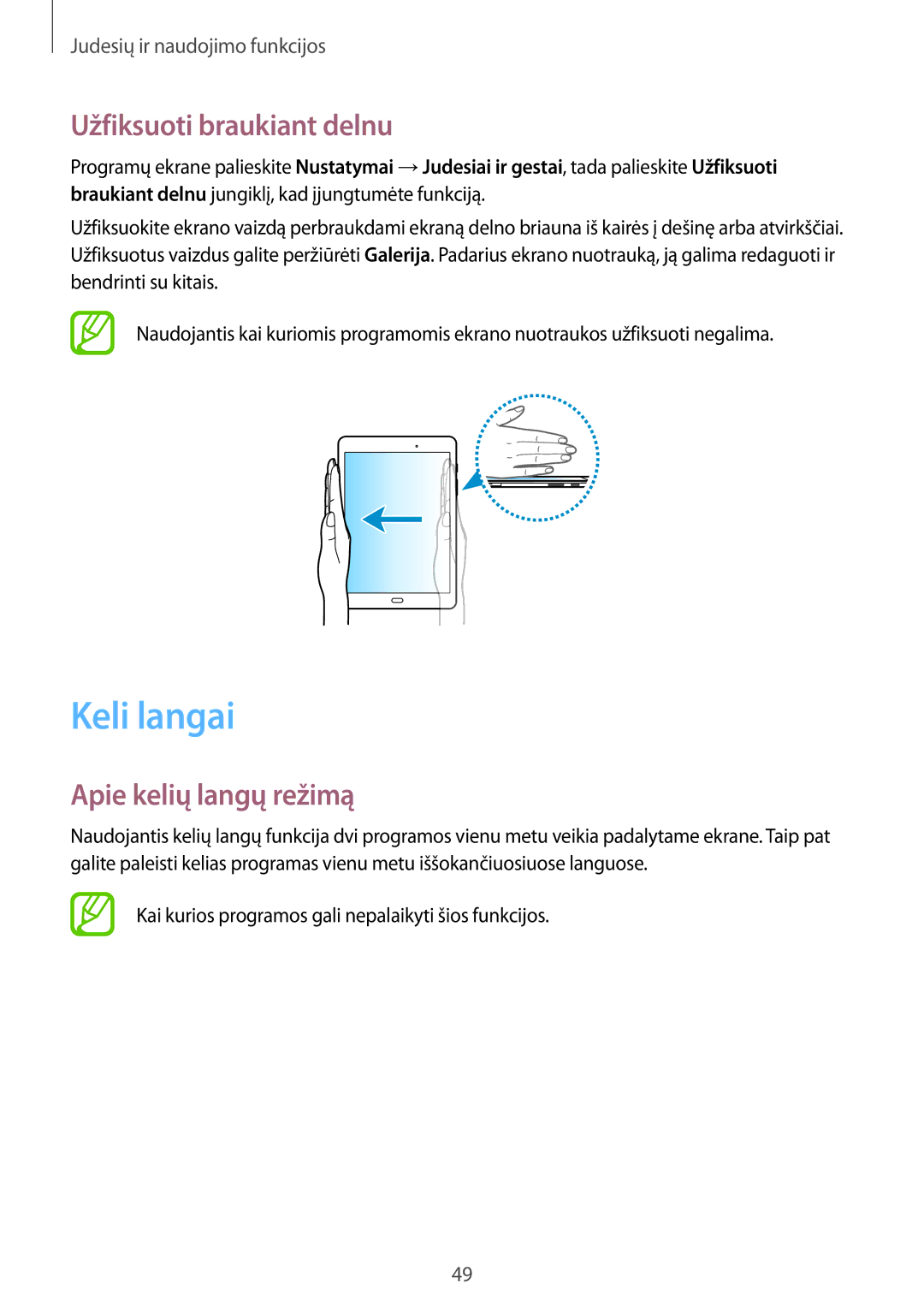 Samsung SM-P550NZKASEB manual Keli langai, Užfiksuoti braukiant delnu, Apie kelių langų režimą 