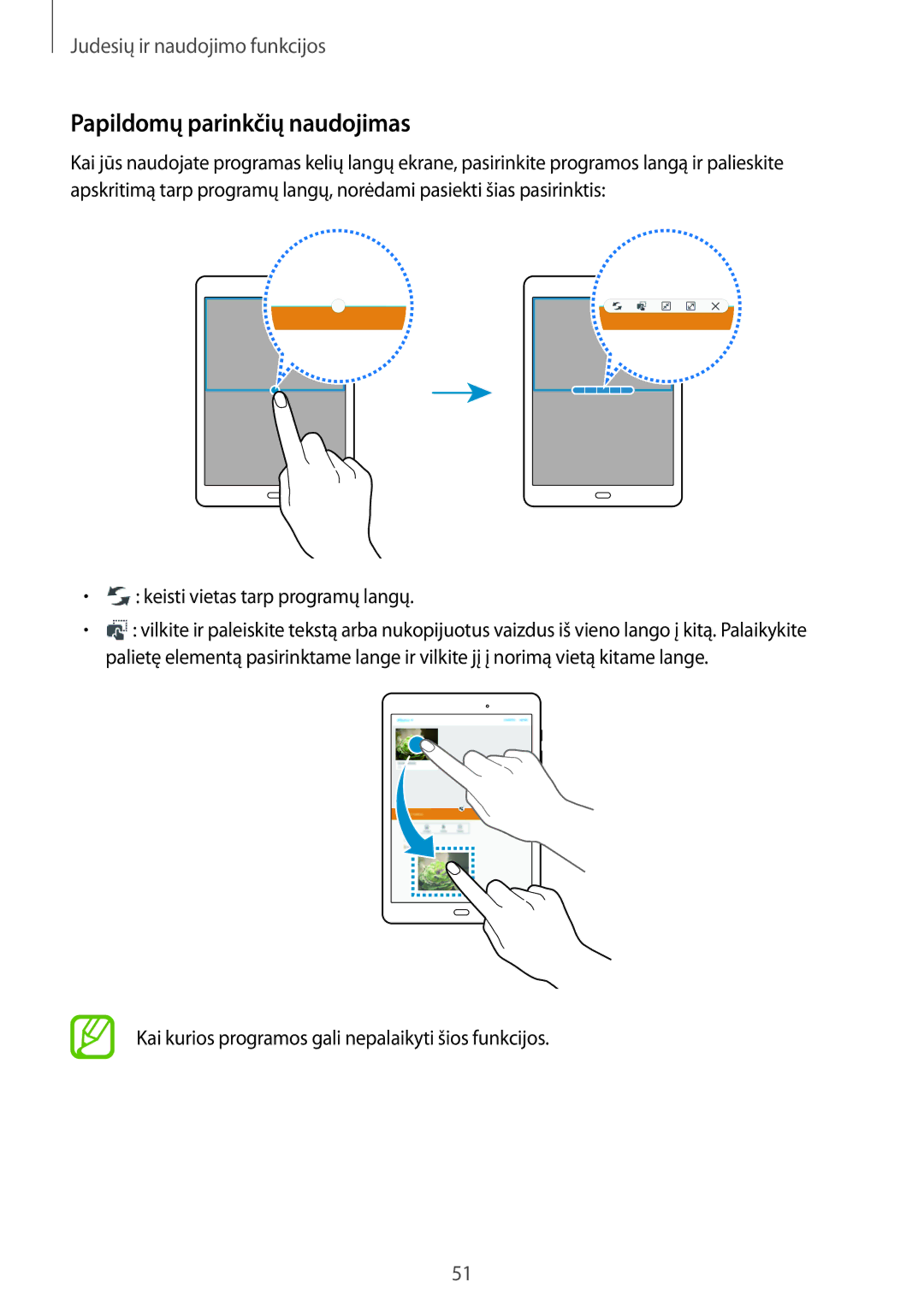 Samsung SM-P550NZKASEB manual Papildomų parinkčių naudojimas, Keisti vietas tarp programų langų 