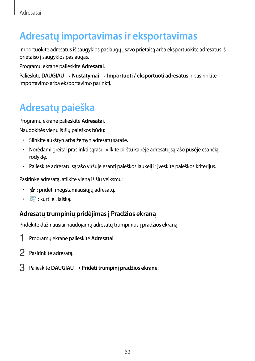 Samsung SM-P550NZKASEB manual Adresatų importavimas ir eksportavimas, Adresatų paieška 