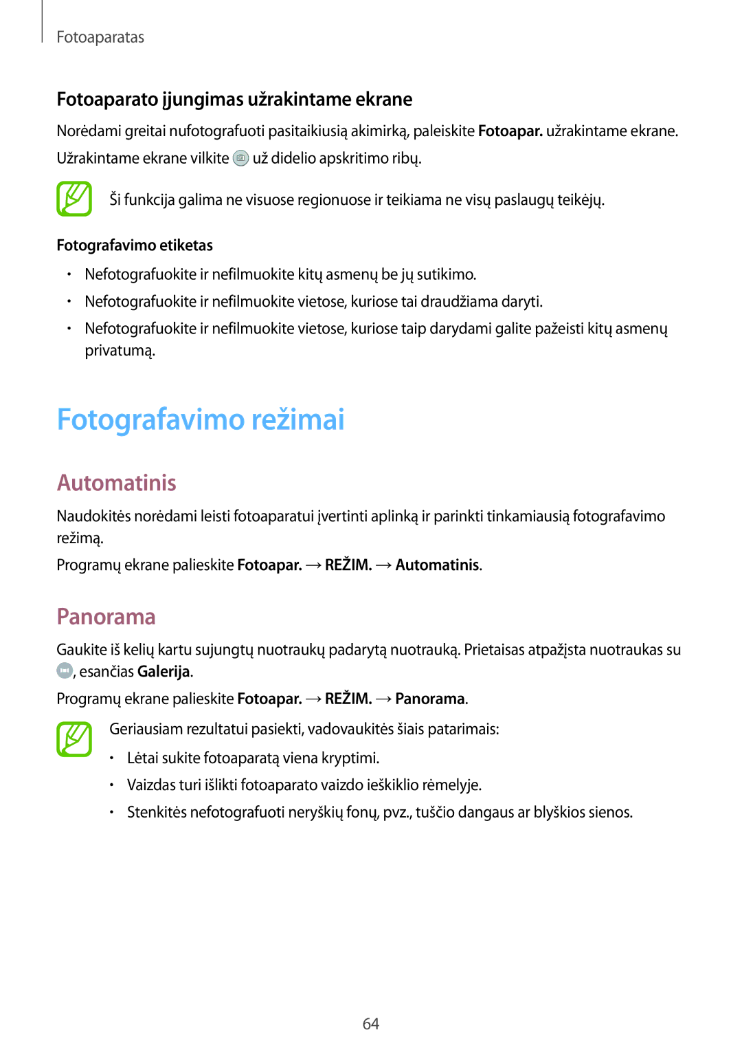 Samsung SM-P550NZKASEB manual Fotografavimo režimai, Automatinis, Panorama, Fotoaparato įjungimas užrakintame ekrane 
