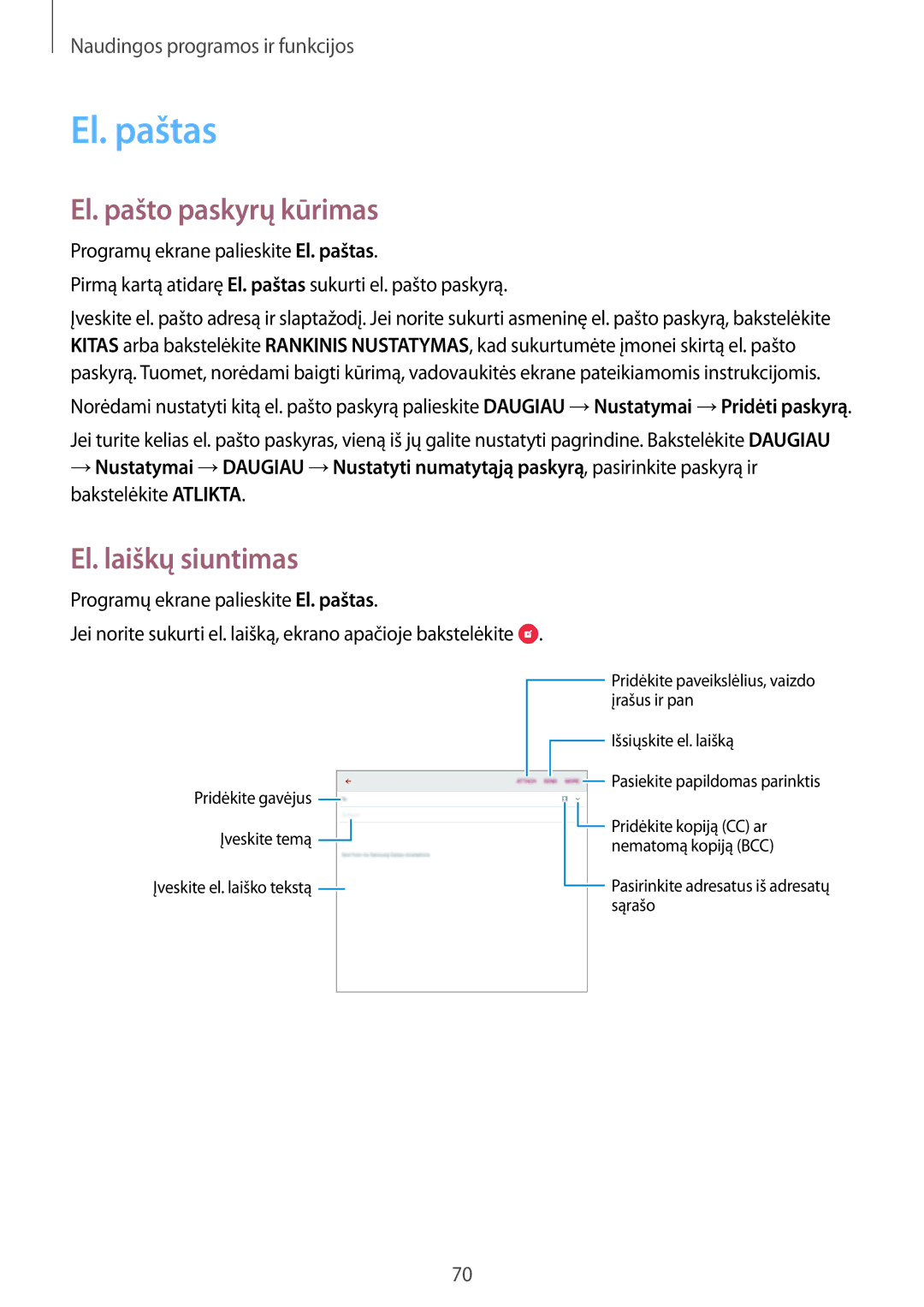 Samsung SM-P550NZKASEB manual El. paštas, El. pašto paskyrų kūrimas, El. laiškų siuntimas 