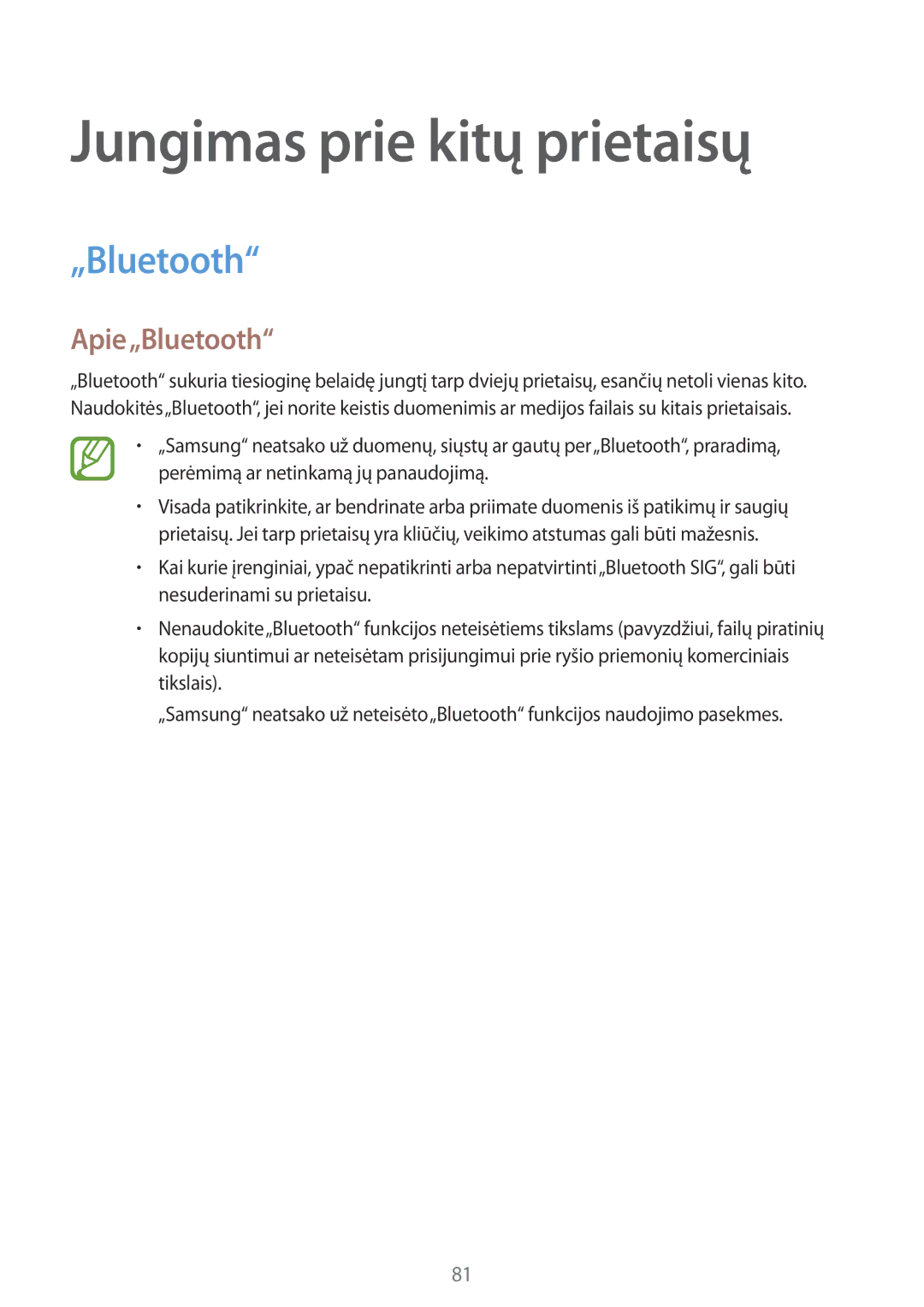 Samsung SM-P550NZKASEB manual Jungimas prie kitų prietaisų, Apie„Bluetooth 