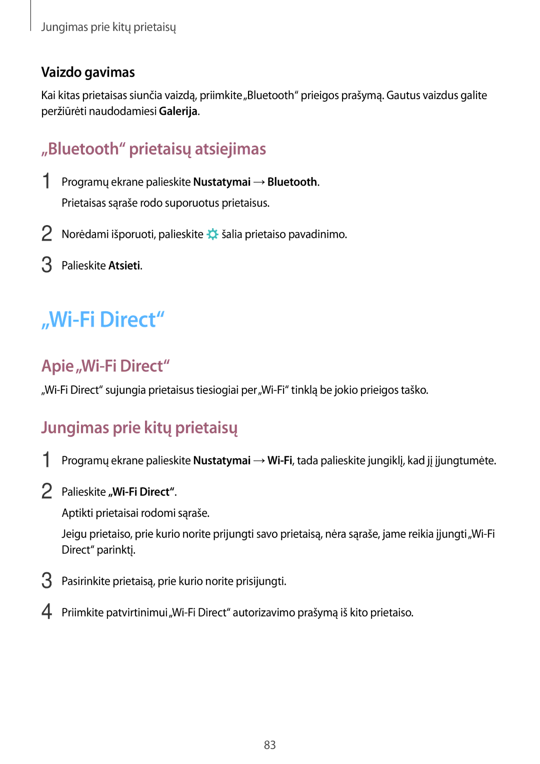 Samsung SM-P550NZKASEB manual „Bluetooth prietaisų atsiejimas, Apie„Wi-Fi Direct, Jungimas prie kitų prietaisų 