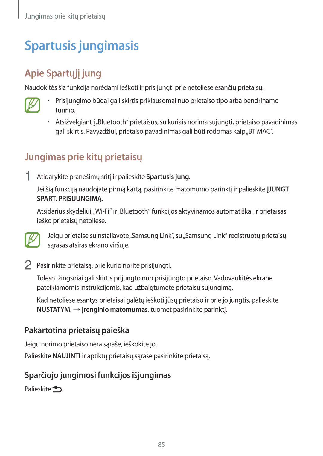 Samsung SM-P550NZKASEB manual Spartusis jungimasis, Apie Spartųjį jung, Pakartotina prietaisų paieška 