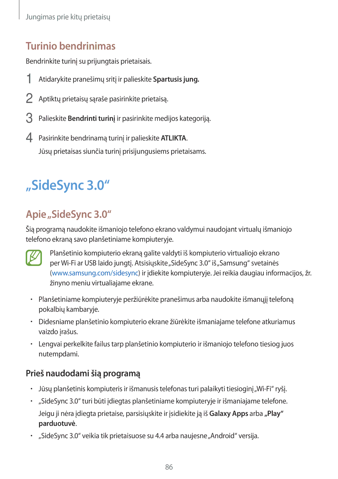 Samsung SM-P550NZKASEB manual Turinio bendrinimas, Apie„SideSync, Prieš naudodami šią programą 