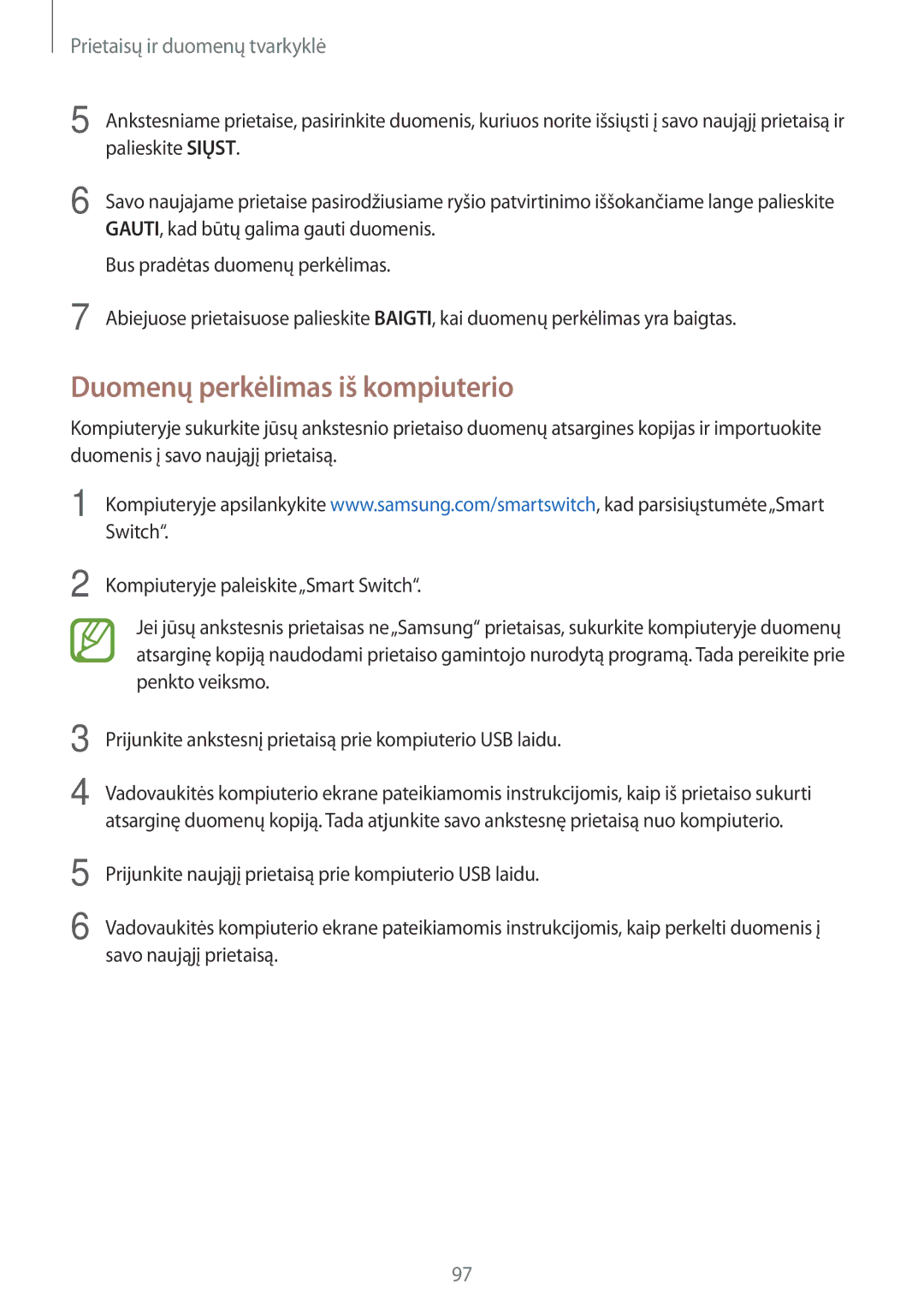 Samsung SM-P550NZKASEB manual Duomenų perkėlimas iš kompiuterio, Prietaisų ir duomenų tvarkyklė 