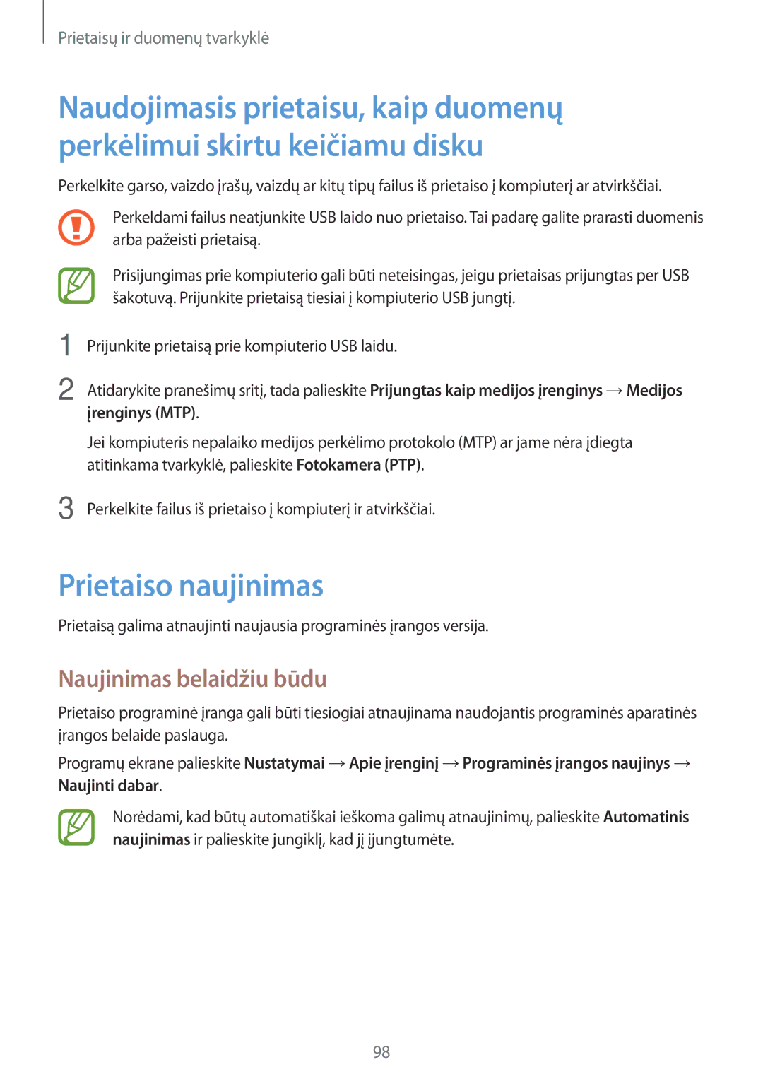 Samsung SM-P550NZKASEB manual Prietaiso naujinimas, Naujinimas belaidžiu būdu 