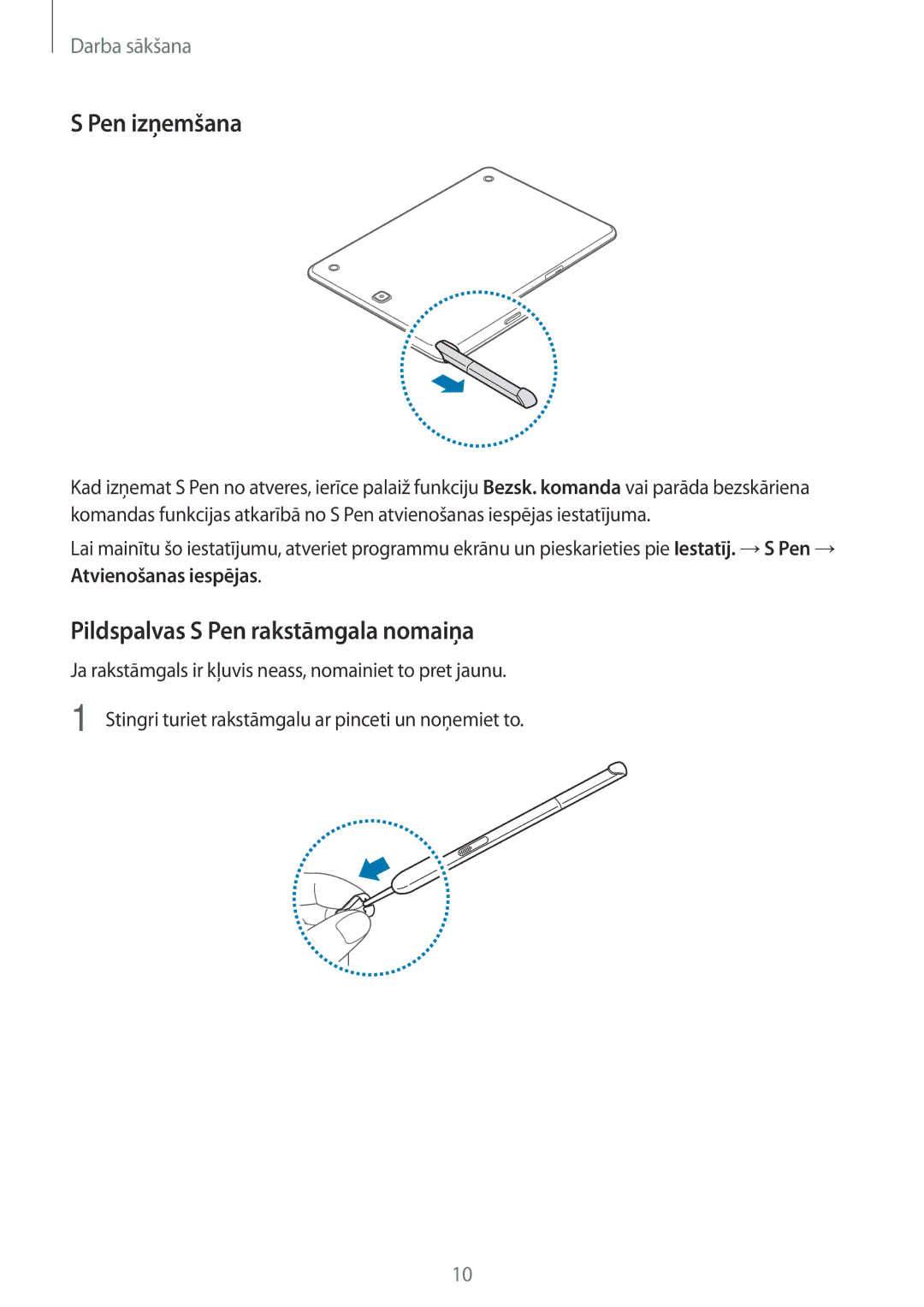 Samsung SM-P550NZKASEB manual Pen izņemšana, Pildspalvas S Pen rakstāmgala nomaiņa 