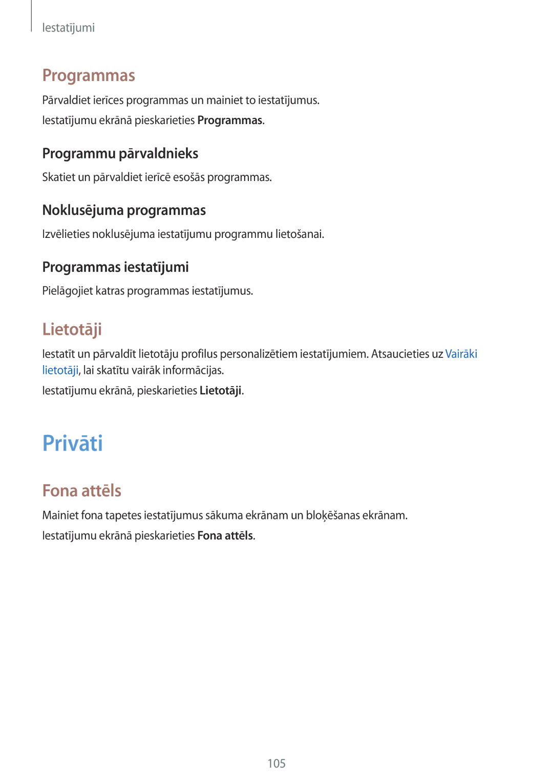 Samsung SM-P550NZKASEB manual Privāti, Programmas, Lietotāji, Fona attēls 