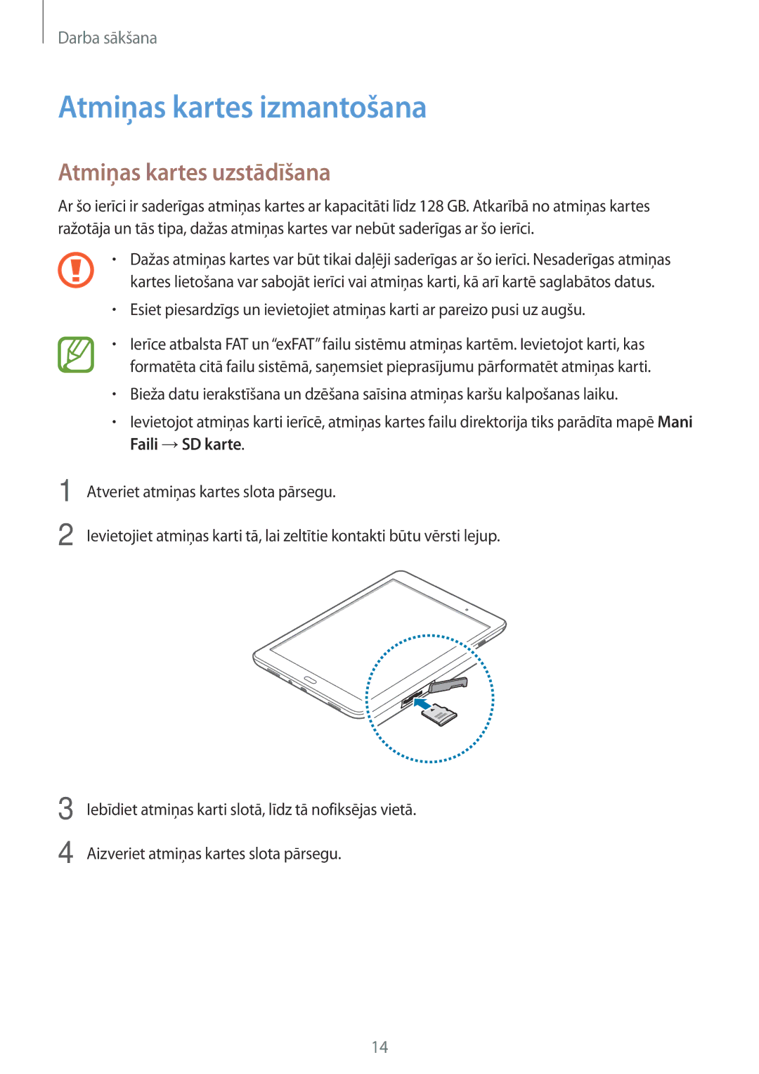 Samsung SM-P550NZKASEB manual Atmiņas kartes izmantošana, Atmiņas kartes uzstādīšana 