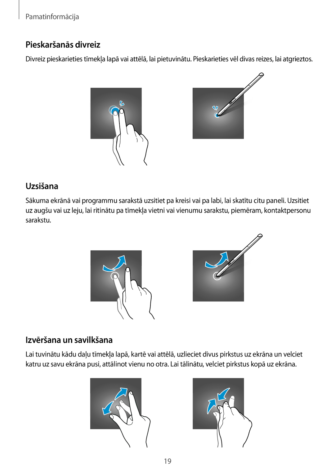 Samsung SM-P550NZKASEB manual Pieskaršanās divreiz, Uzsišana, Izvēršana un savilkšana 