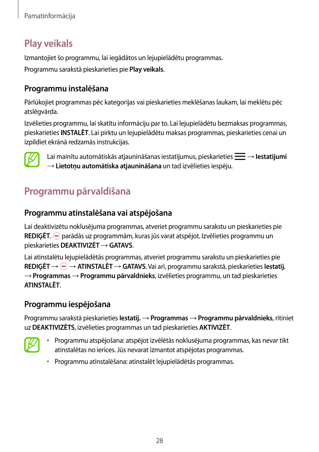 Samsung SM-P550NZKASEB manual Play veikals, Programmu pārvaldīšana, Programmu atinstalēšana vai atspējošana 