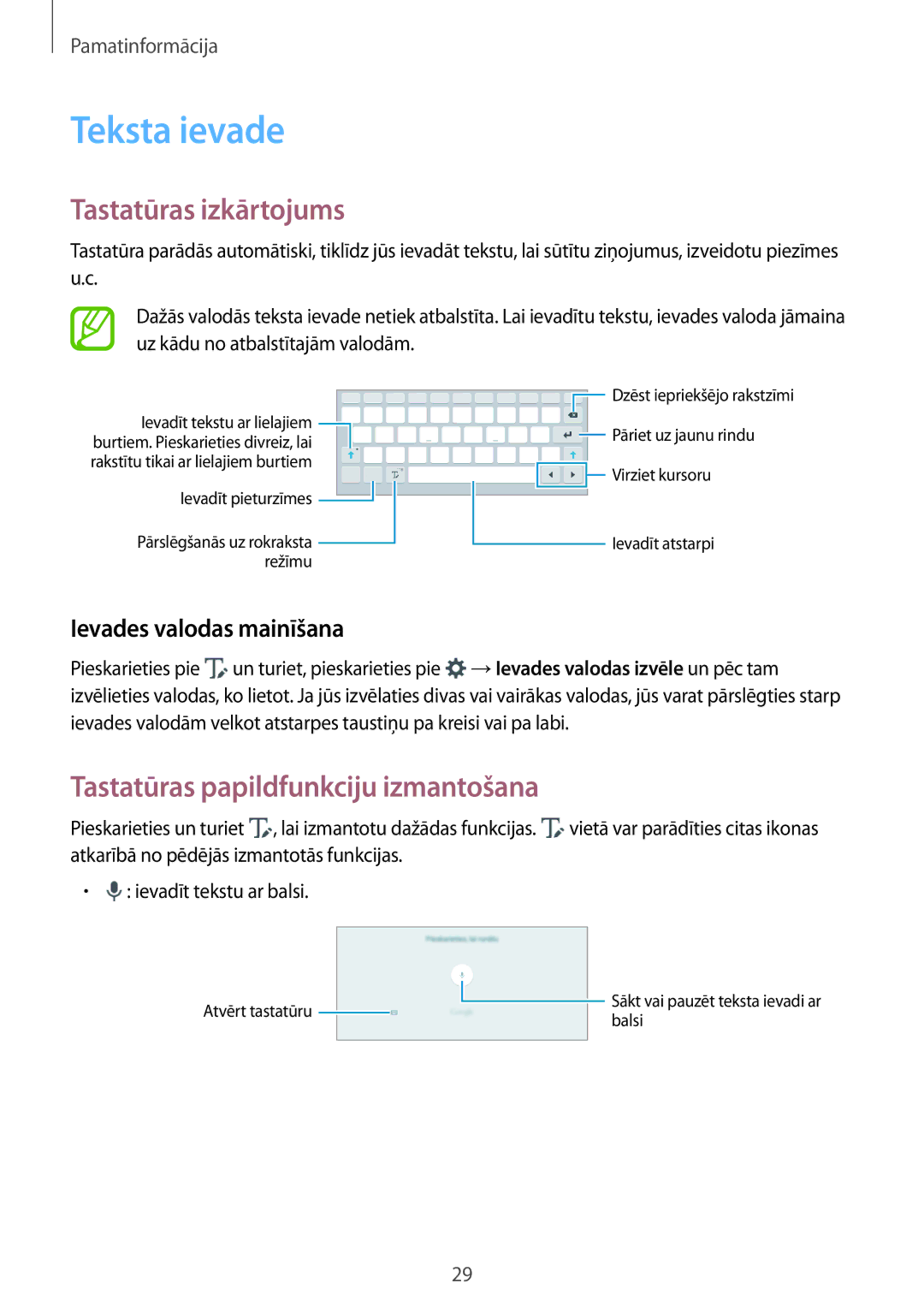 Samsung SM-P550NZKASEB manual Teksta ievade, Tastatūras izkārtojums, Tastatūras papildfunkciju izmantošana 