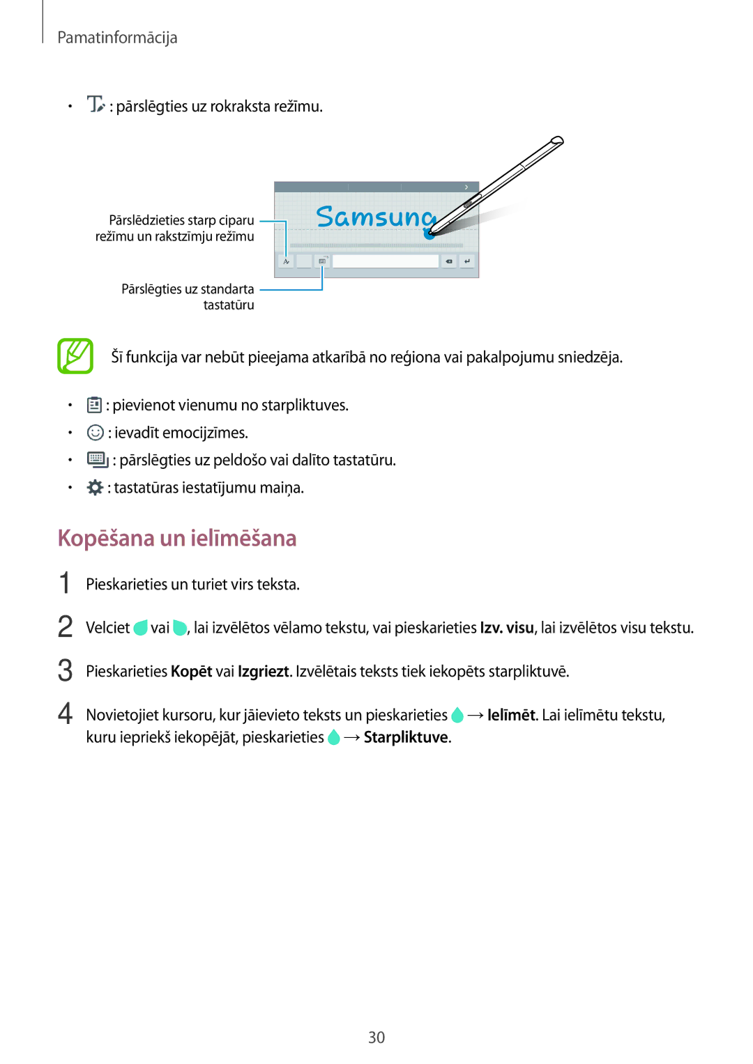 Samsung SM-P550NZKASEB manual Kopēšana un ielīmēšana, Pārslēgties uz rokraksta režīmu, Pieskarieties un turiet virs teksta 