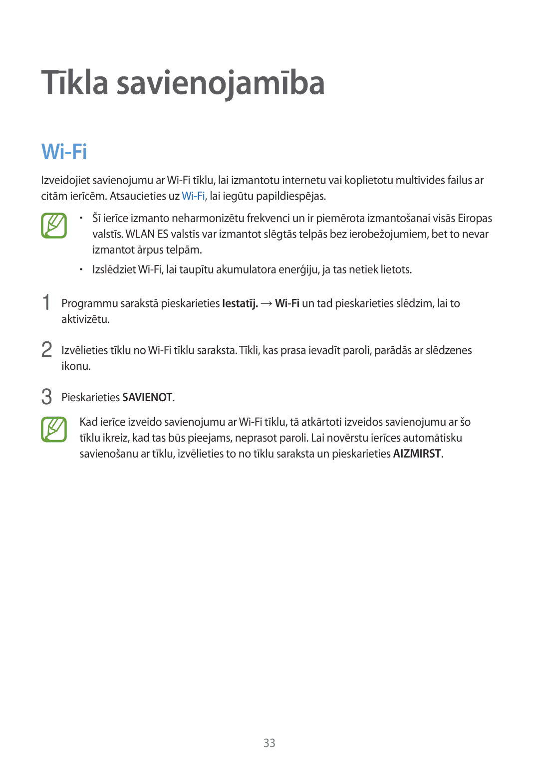 Samsung SM-P550NZKASEB manual Tīkla savienojamība, Wi-Fi 