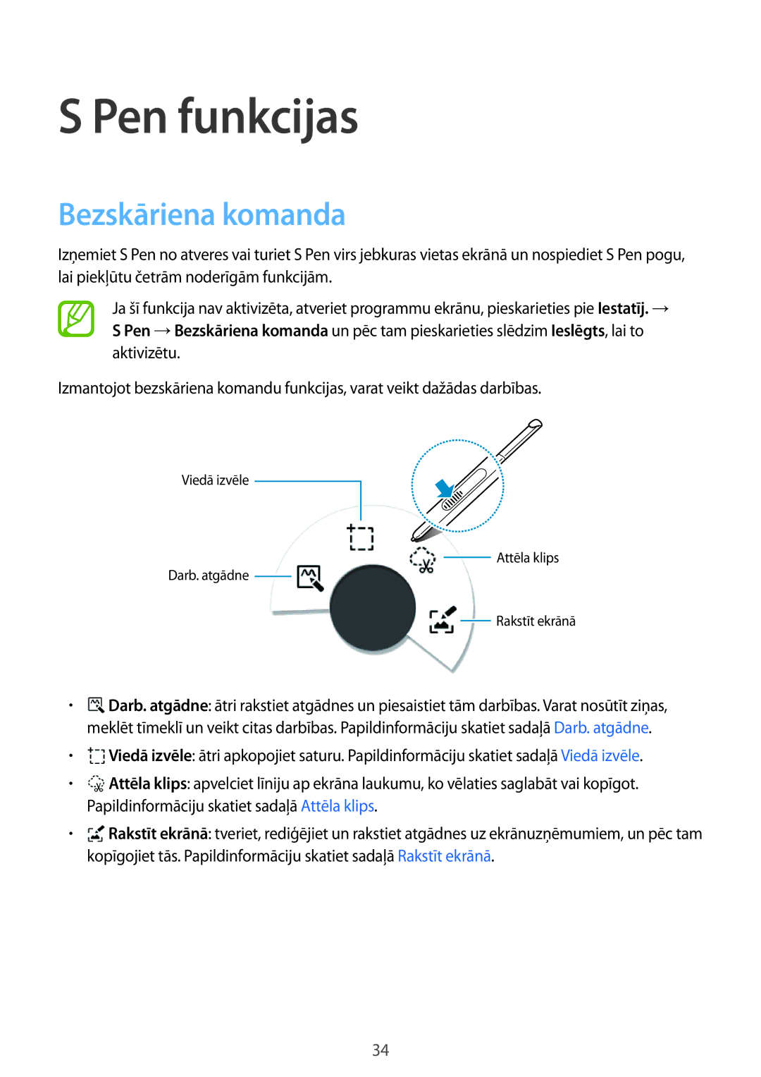 Samsung SM-P550NZKASEB manual Pen funkcijas, Bezskāriena komanda 