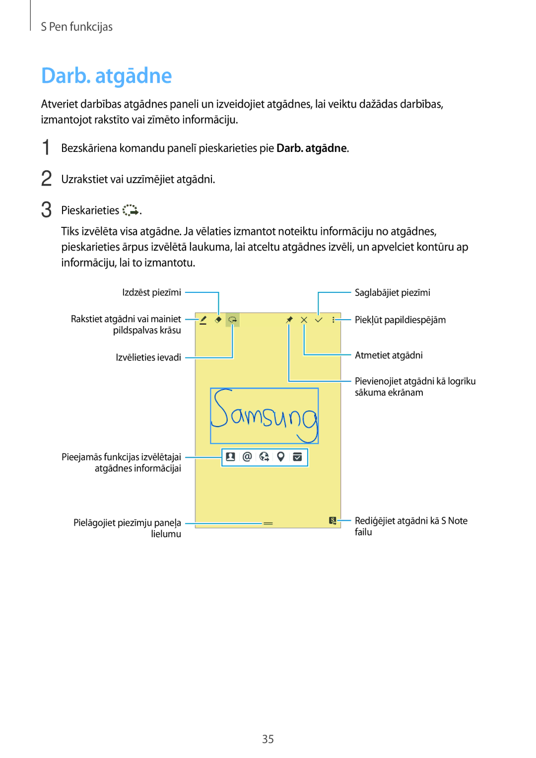 Samsung SM-P550NZKASEB manual Darb. atgādne, Sākuma ekrānam 