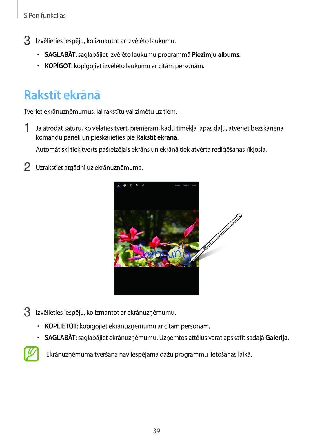 Samsung SM-P550NZKASEB manual Rakstīt ekrānā, Tveriet ekrānuzņēmumus, lai rakstītu vai zīmētu uz tiem 